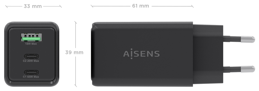 CARGADOR AISENS GAN 65W 2XUSB-C PD3.0 QC4.0 1XUSB-A QC3.0 NEGRO - detalle