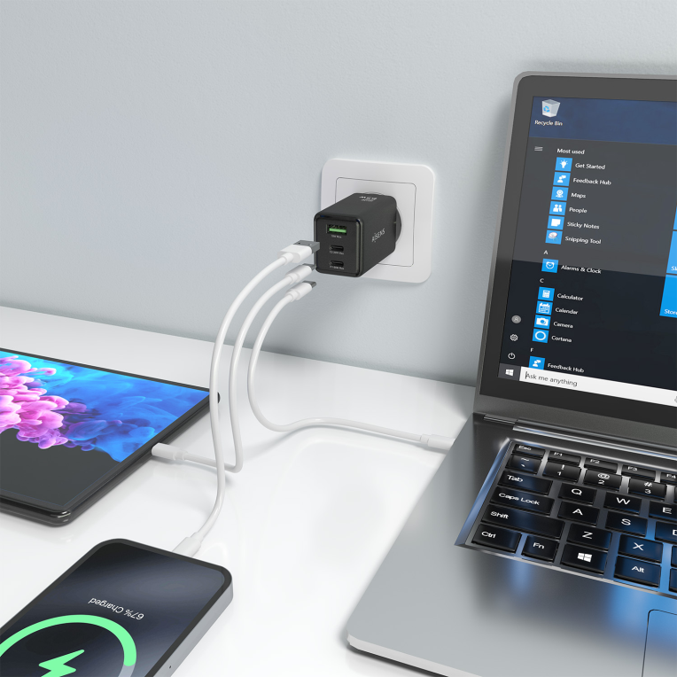 CARGADOR AISENS GAN 65W 2XUSB-C PD3.0 QC4.0 1XUSB-A QC3.0 NEGRO - detalle