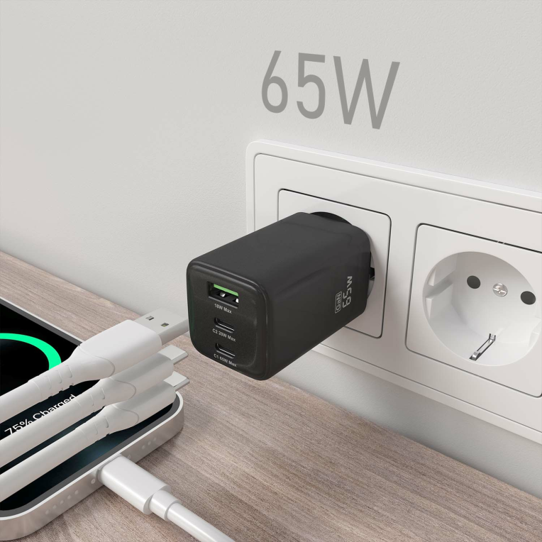 CARGADOR AISENS GAN 65W 2XUSB-C PD3.0 QC4.0 1XUSB-A QC3.0 NEGRO - detalle