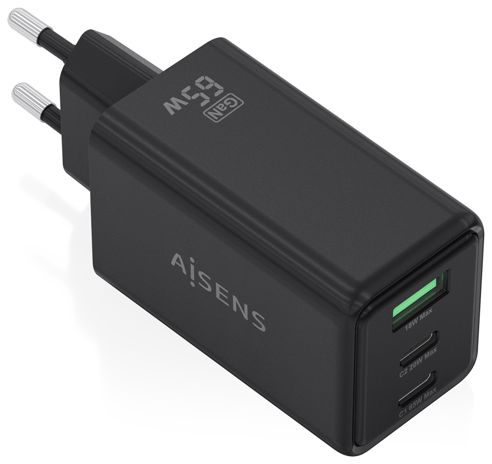 CARGADOR AISENS GAN 65W 2XUSB-C PD3.0 QC4.0 1XUSB-A QC3.0 NEGRO