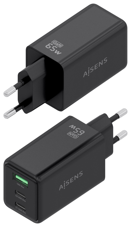 CARGADOR AISENS GAN 65W 2XUSB-C PD3.0 QC4.0 1XUSB-A QC3.0 NEGRO - detalle