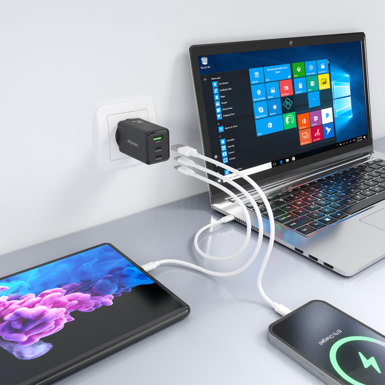 CARGADOR AISENS GAN 65W 2XUSB-C PD3.0 QC4.0 1XUSB-A QC3.0 NEGRO - detalle