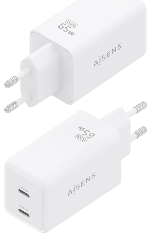 CARGADOR AISENS GAN 65W 2XUSB-C PD3.0 QC4.0 BLANCO - detalle