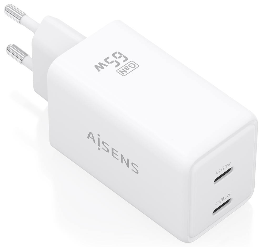 CARGADOR AISENS GAN 65W 2XUSB-C PD3.0 QC4.0 BLANCO