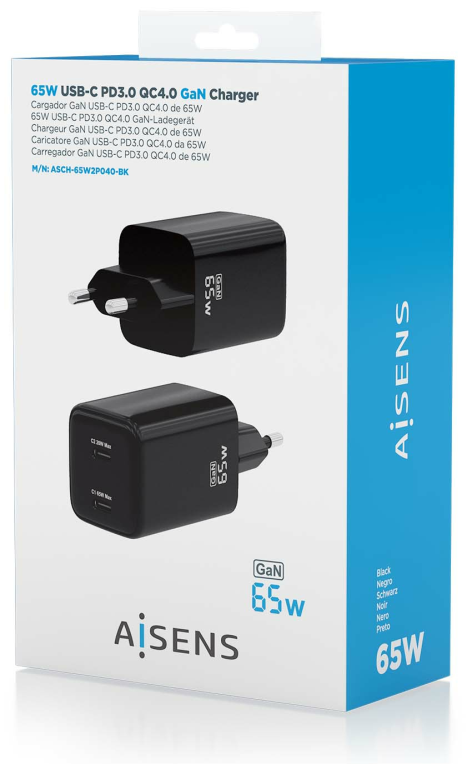 CARGADOR AISENS GAN 65W 2XUSB-C PD3.0 QC4.0 NEGRO - detalle