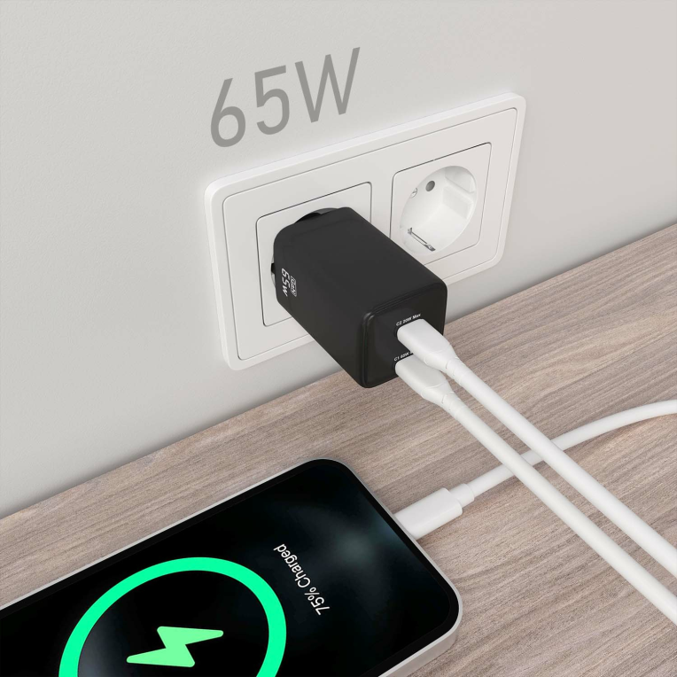 CARGADOR AISENS GAN 65W 2XUSB-C PD3.0 QC4.0 NEGRO - detalle