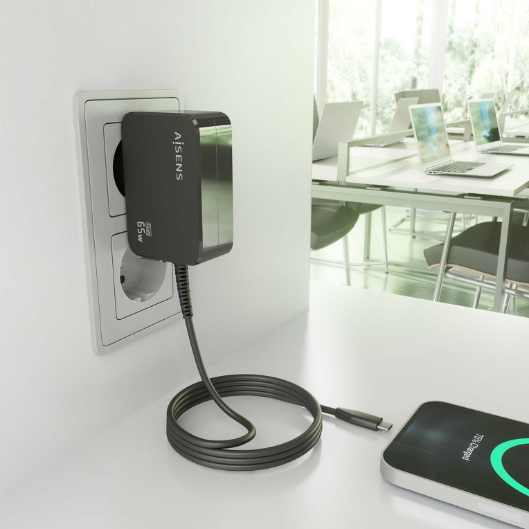 CARGADOR AISENS GAN 65W PD3.0 1XUSB-C 1.8M NEGRO - detalle