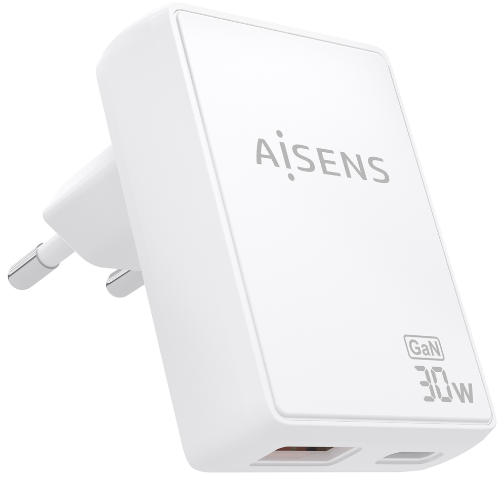 CARGADOR AISENS GAN PARED 30W USB-C PD3.0 QC4.0 USB-A QC3.0 BLANCO