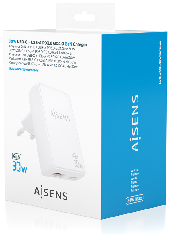CARGADOR AISENS GAN PARED 30W USB-C PD3.0 QC4.0 USB-A QC3.0 BLANCO - detalle