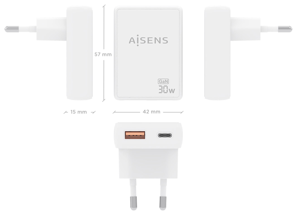 CARGADOR AISENS GAN PARED 30W USB-C PD3.0 QC4.0 USB-A QC3.0 BLANCO - detalle