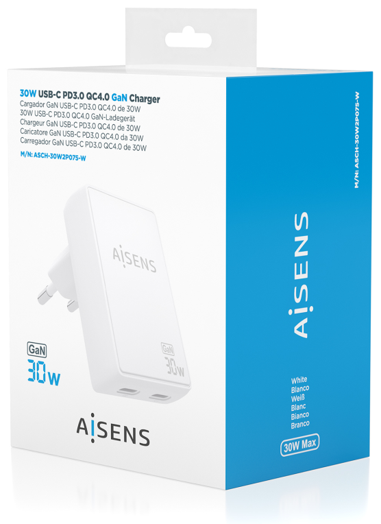 CARGADOR AISENS GAN PARED ULTRA DELGADO 30W 2XUSB-C PD3.0 QC4.0 BLANCO - detalle