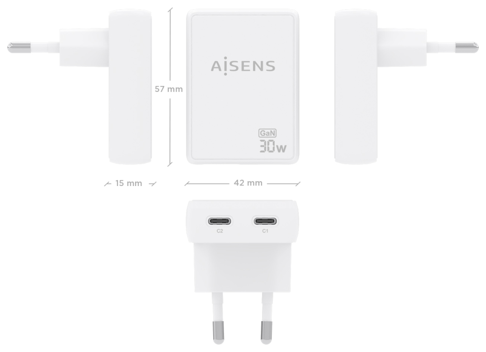 CARGADOR AISENS GAN PARED ULTRA DELGADO 30W 2XUSB-C PD3.0 QC4.0 BLANCO - detalle