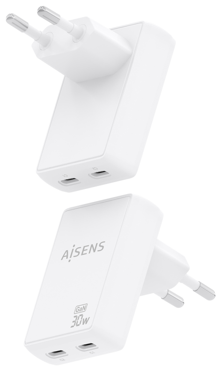 CARGADOR AISENS GAN PARED ULTRA DELGADO 30W 2XUSB-C PD3.0 QC4.0 BLANCO - detalle