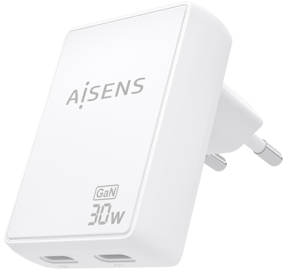 CARGADOR AISENS GAN PARED ULTRA DELGADO 30W 2XUSB-C PD3.0 QC4.0 BLANCO - detalle