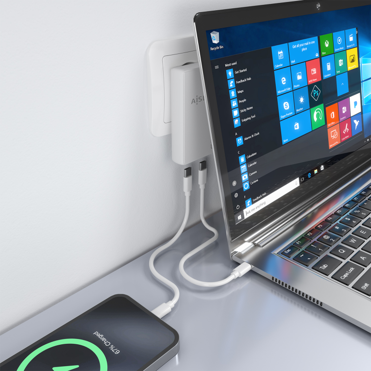CARGADOR AISENS GAN PARED ULTRA DELGADO 65W 2XUSB-C PD3.0 QC4.0 BLANCO - detalle