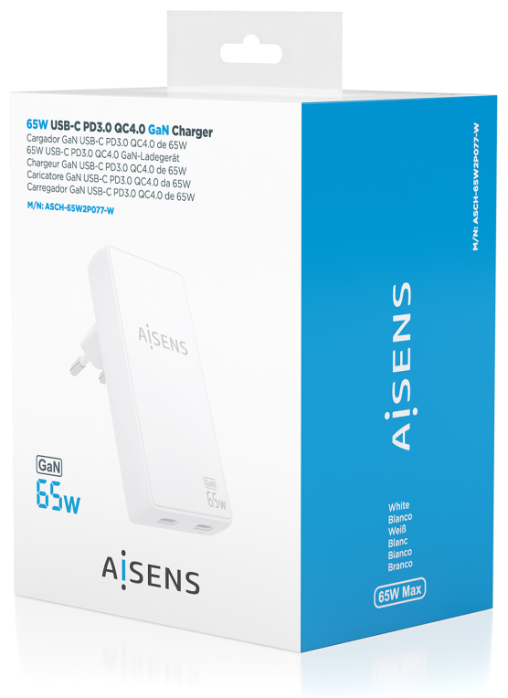 CARGADOR AISENS GAN PARED ULTRA DELGADO 65W 2XUSB-C PD3.0 QC4.0 BLANCO - detalle