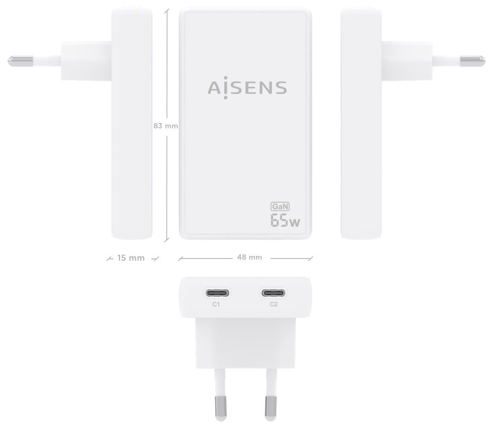 CARGADOR AISENS GAN PARED ULTRA DELGADO 65W 2XUSB-C PD3.0 QC4.0 BLANCO - detalle