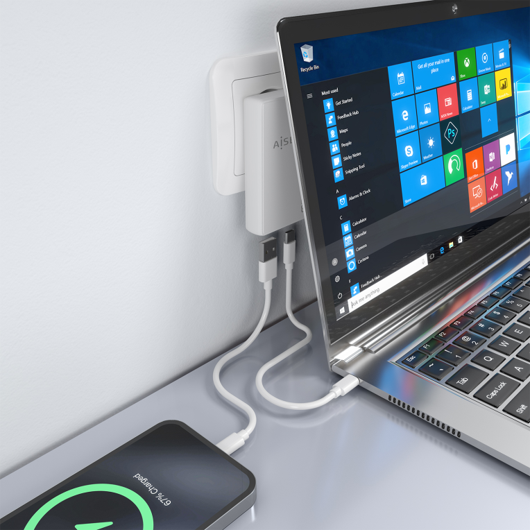CARGADOR AISENS GAN PARED ULTRA DELGADO 65W USB-C PD3.0 QC4.0 USB-A QC3.0 - detalle