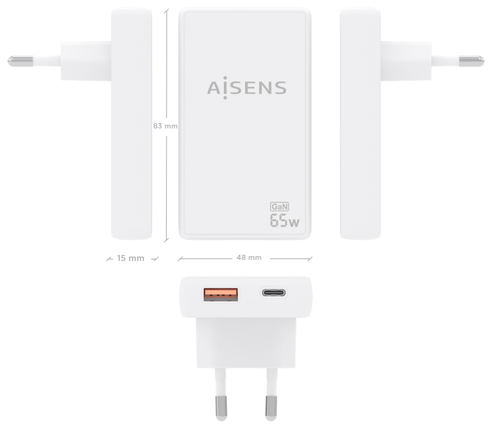 CARGADOR AISENS GAN PARED ULTRA DELGADO 65W USB-C PD3.0 QC4.0 USB-A QC3.0 - detalle