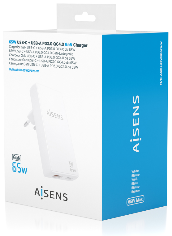 CARGADOR AISENS GAN PARED ULTRA DELGADO 65W USB-C PD3.0 QC4.0 USB-A QC3.0 - detalle