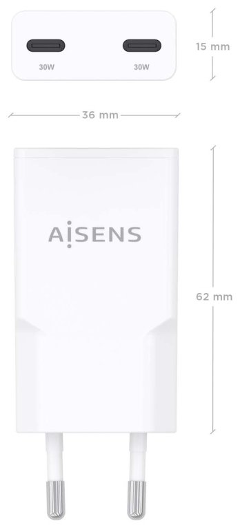 CARGADOR AISENS GAN ULTRA DELGADO 30W 2XUSB-C PD3.0 QC4.0 BLANCO - detalle