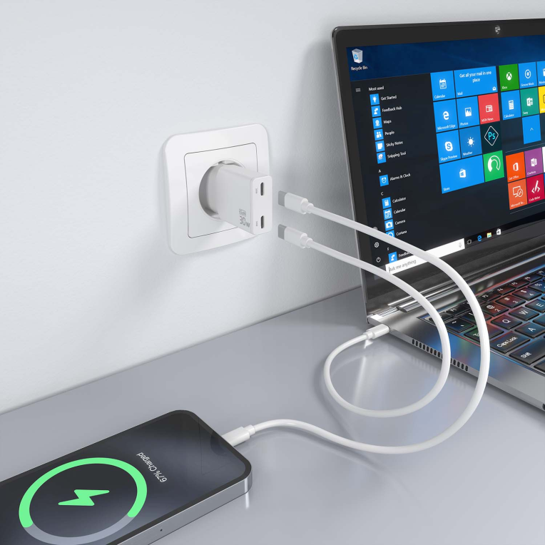 CARGADOR AISENS GAN ULTRA DELGADO 30W 2XUSB-C PD3.0 QC4.0 BLANCO - detalle