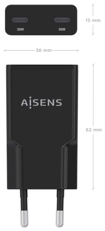 CARGADOR AISENS GAN ULTRA DELGADO 30W 2XUSB-C PD3.0 QC4.0 NEGRO - detalle