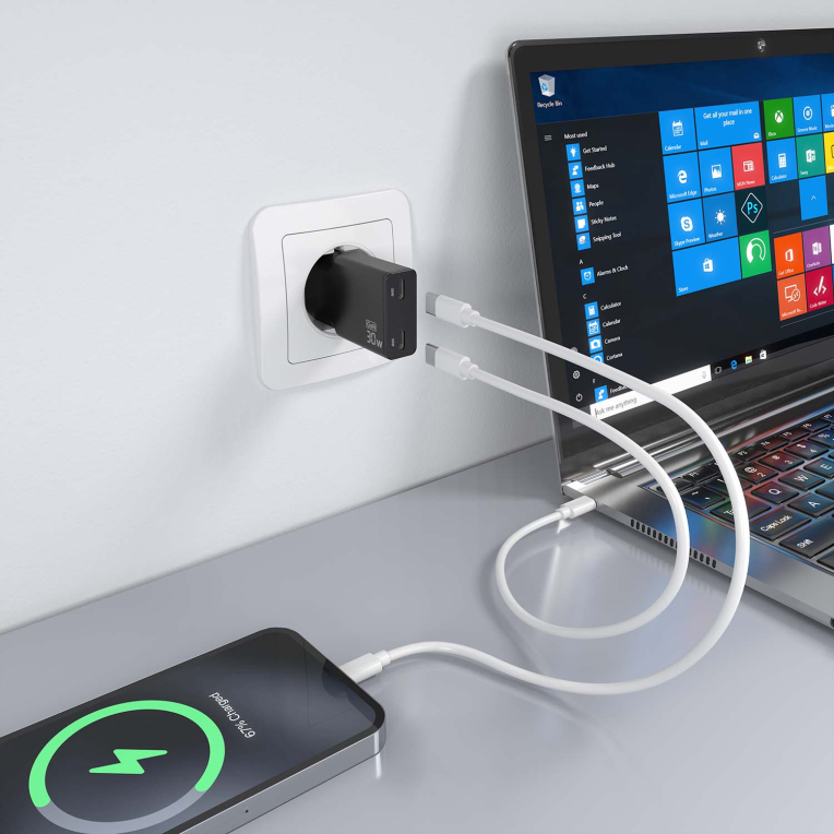 CARGADOR AISENS GAN ULTRA DELGADO 30W 2XUSB-C PD3.0 QC4.0 NEGRO - detalle