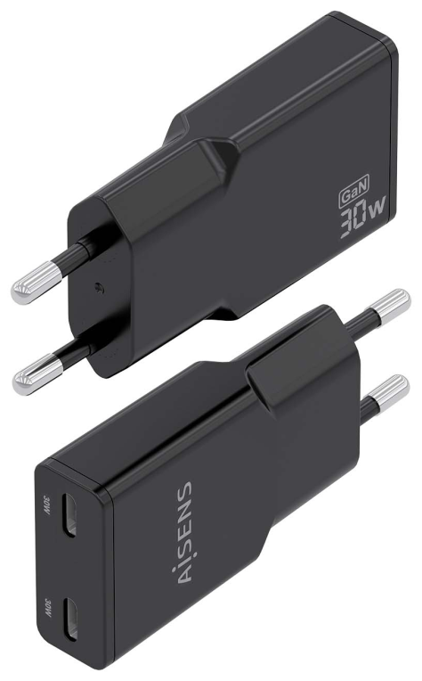 CARGADOR AISENS GAN ULTRA DELGADO 30W 2XUSB-C PD3.0 QC4.0 NEGRO - detalle