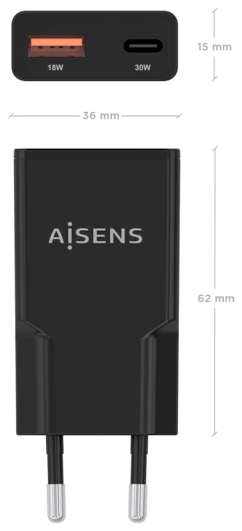 CARGADOR AISENS GAN ULTRA DELGADO 30W USB-C PD3.0 QC4.0 USB-A QC3.0 - detalle