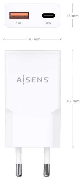 CARGADOR AISENS GAN ULTRA DELGADO 30W USB-C PD3.0 QC4.0 USB-A QC3.0 - detalle