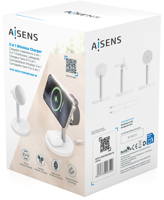 CARGADOR AISENS INALAMBRICO USB-C 3 EN 1 15W MOVIL APPLE WATCH AURICULARES - detalle