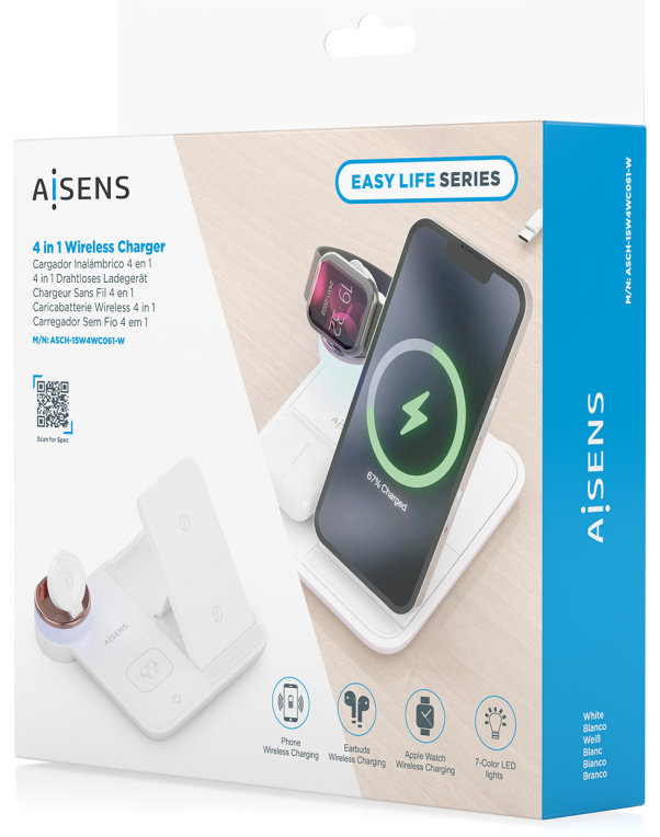 CARGADOR AISENS INALAMBRICO USB-C 4 EN 1 15W MOVIL APPLE WATCH AURICULARES - detalle