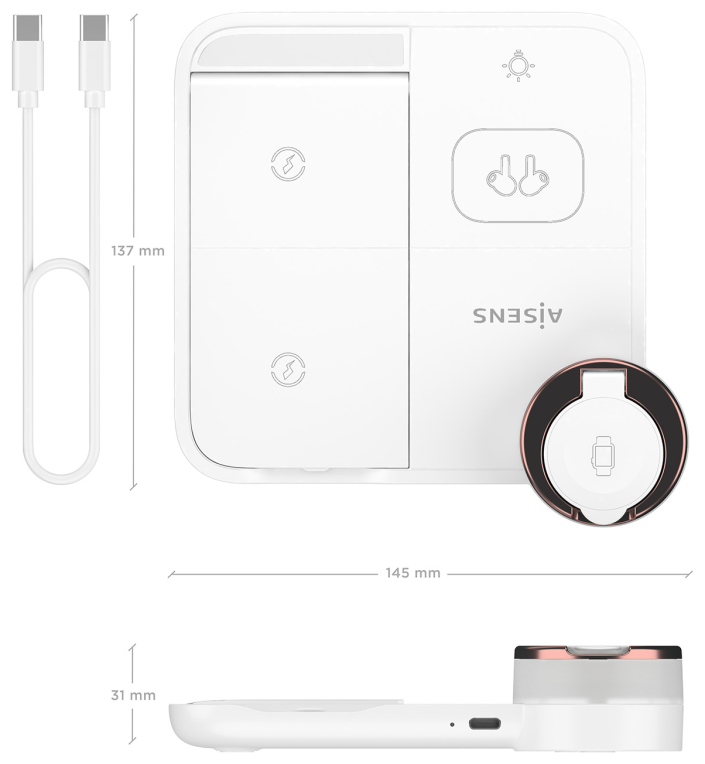 CARGADOR AISENS INALAMBRICO USB-C 4 EN 1 15W MOVIL APPLE WATCH AURICULARES - detalle