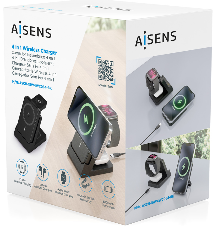 CARGADOR AISENS INALAMBRICO USB-C 4 EN 1 15W MOVIL APPLE WATCH AURICULARES - detalle