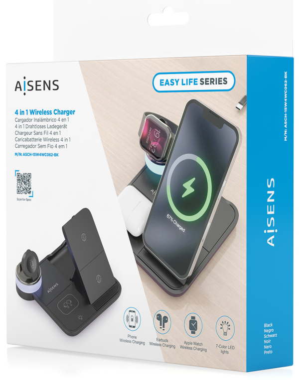 CARGADOR AISENS INALAMBRICO USB-C 4 EN 1 15W MOVIL APPLE WATCH AURICULARES - detalle