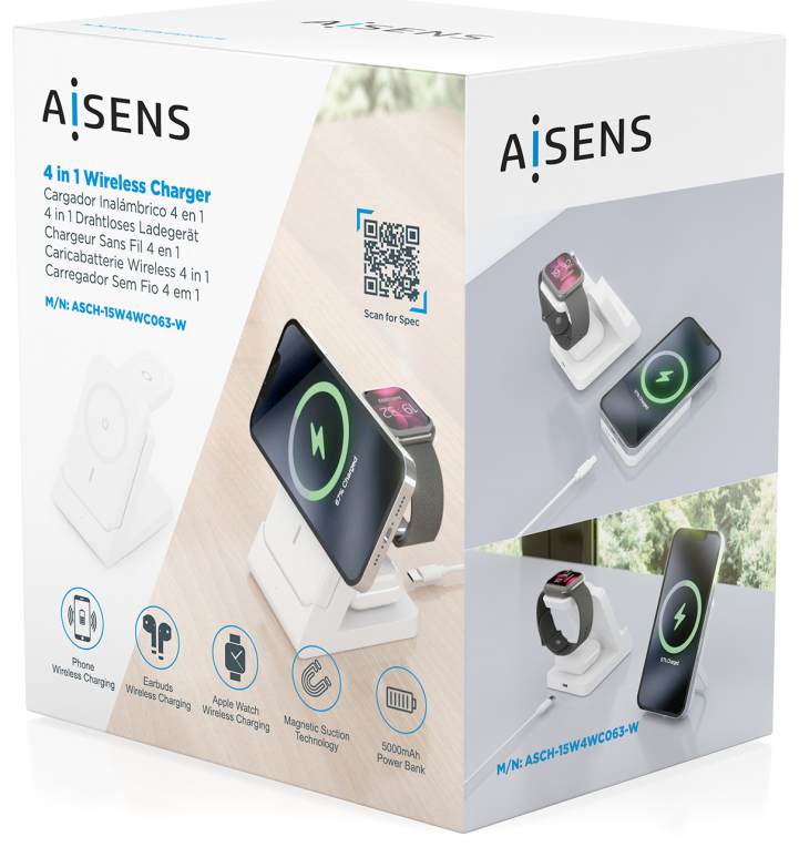 CARGADOR AISENS INALAMBRICO USB-C 4 EN 1 15W MOVIL APPLE WATCH AURICULARES - detalle