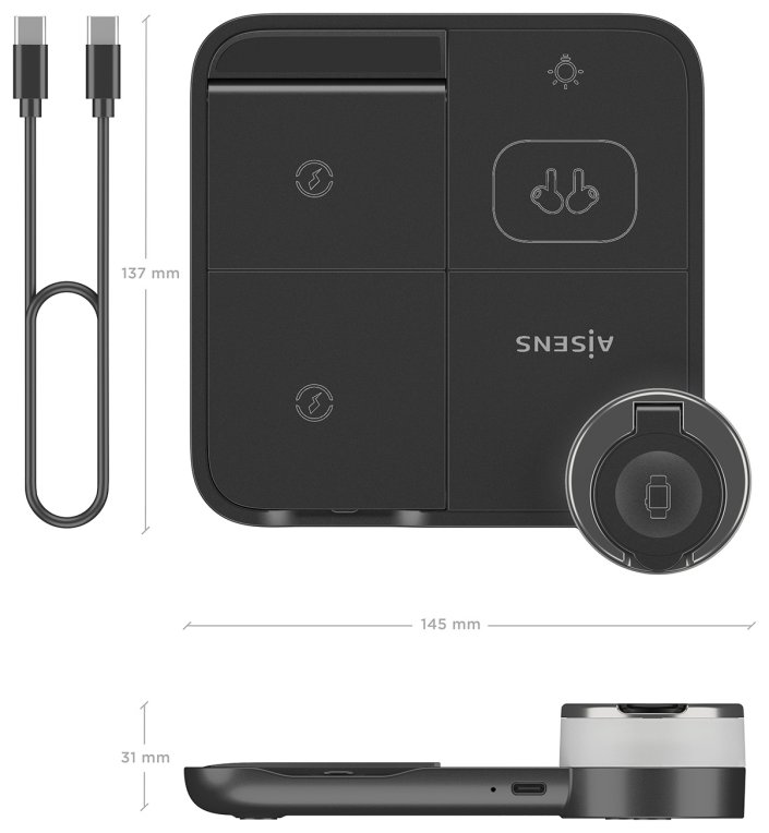 CARGADOR AISENS INALAMBRICO USB-C 4 EN 1 15W MOVIL APPLE WATCH AURICULARES - detalle