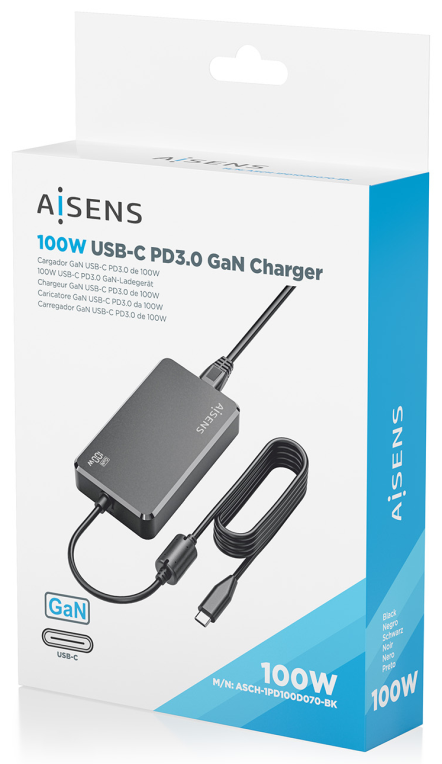 CARGADOR AISENS SOBREMESA GAN 100W PD3.0 1XUSB-C 1.8M NEGRO - detalle