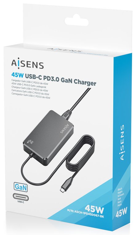 CARGADOR AISENS SOBREMESA GAN 45W PD3.0 1XUSB-C 1.8M NEGRO - detalle