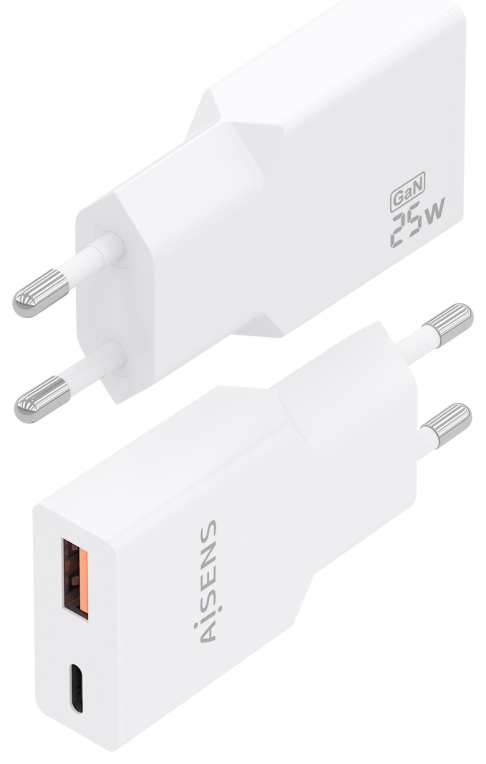 CARGADOR AISENS ULTRA DELGADO GaN 25W 1xUSB-C PD3.0 QC4.0 1xUSB-A QC3.0 BLANCO - detalle