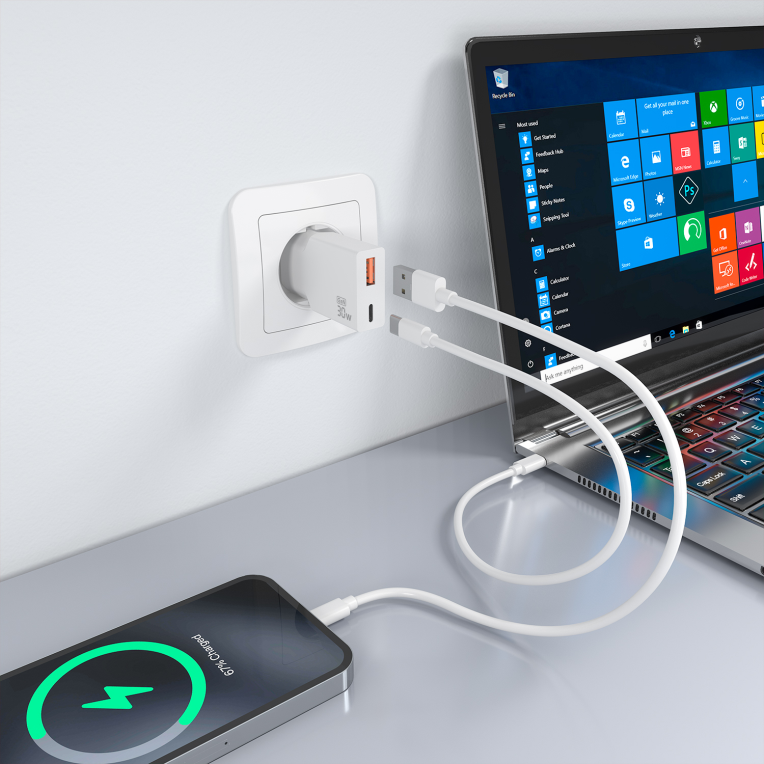 CARGADOR AISENS ULTRA DELGADO GaN 30W 1xUSB-C PD3.0 QC4.0 1xUSB-A QC3.0 BLANCO - detalle
