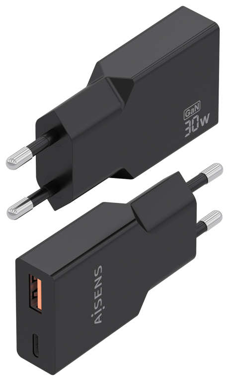 CARGADOR AISENS ULTRA DELGADO GaN 30W 1xUSB-C PD3.0 QC4.0 1xUSB-A QC3.0 NEGRO - detalle
