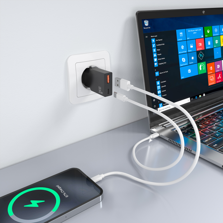 CARGADOR AISENS ULTRA DELGADO GaN 30W 1xUSB-C PD3.0 QC4.0 1xUSB-A QC3.0 NEGRO - detalle