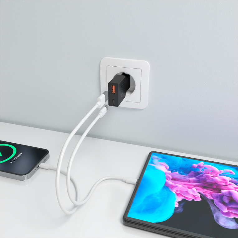 CARGADOR AISENS ULTRA DELGADO GaN 30W 1xUSB-C PD3.0 QC4.0 1xUSB-A QC3.0 NEGRO - detalle