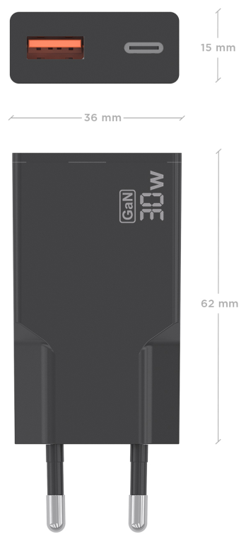 CARGADOR AISENS ULTRA DELGADO GaN 30W 1xUSB-C PD3.0 QC4.0 1xUSB-A QC3.0 NEGRO - detalle
