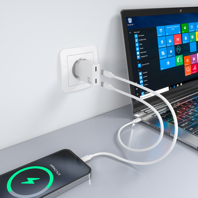 CARGADOR AISENS ULTRA DELGADO GaN 30W 2xUSB-C PD3.0 BLANCO - detalle