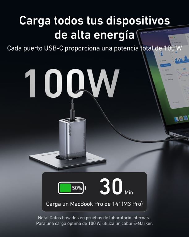 CARGADOR ANKER PRIME CHARGER(100W 3 PORTS GAN) - detalle