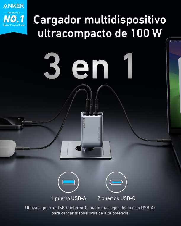 CARGADOR ANKER PRIME CHARGER(100W 3 PORTS GAN) - detalle