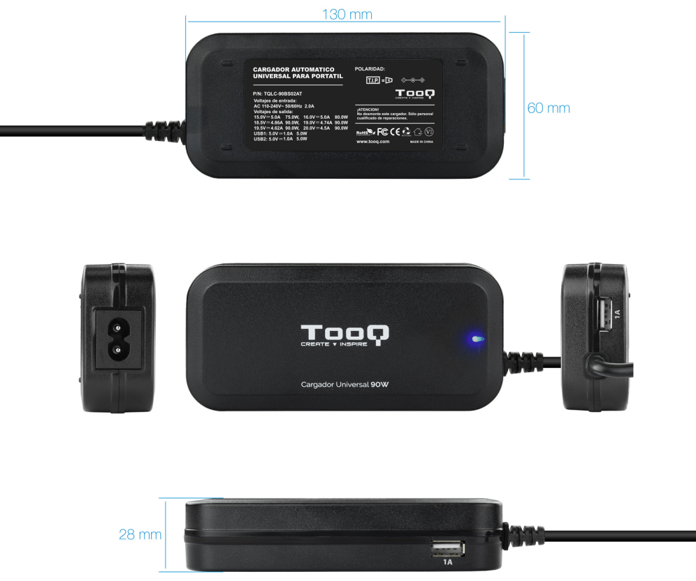 CARGADOR AUTOMATICO UNIVERSAL TOOQ TQLC-90BS02AT 90W 2XUSB 12 CONECTORES - detalle